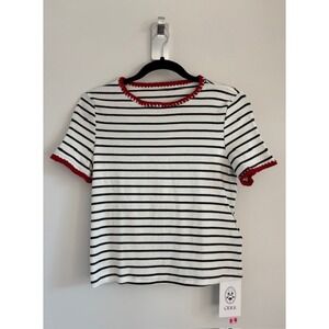Cider Womens Striped Ribbed T-Shirt Red Crochet Trim Black White Small